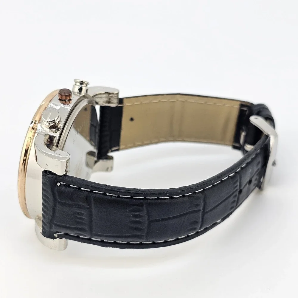 Men's Analog Watch 43MM Black Dial‎ Black Faux Leather Bands New Battery